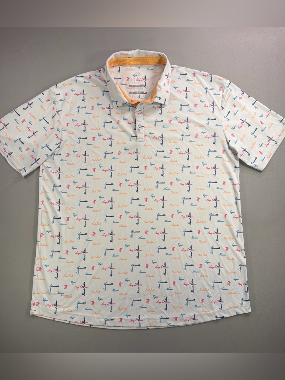 Men's White Printed Golf Polo with Multicolor Script